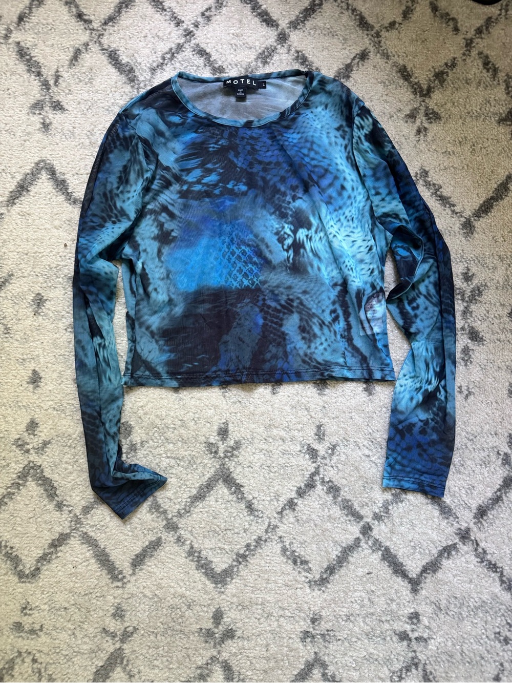 Motel Rocks Blue Patterned Long-Sleeve Mesh Crop Top